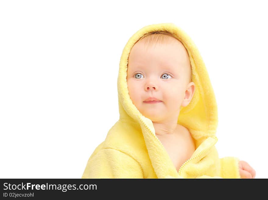 Small child in yellow hood on white background