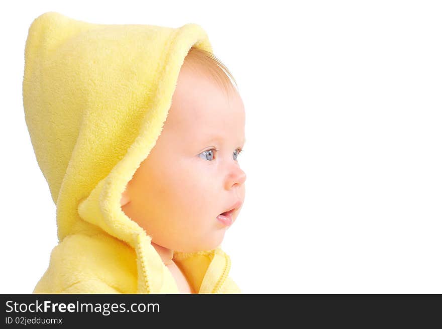 Small child in yellow hood on white background