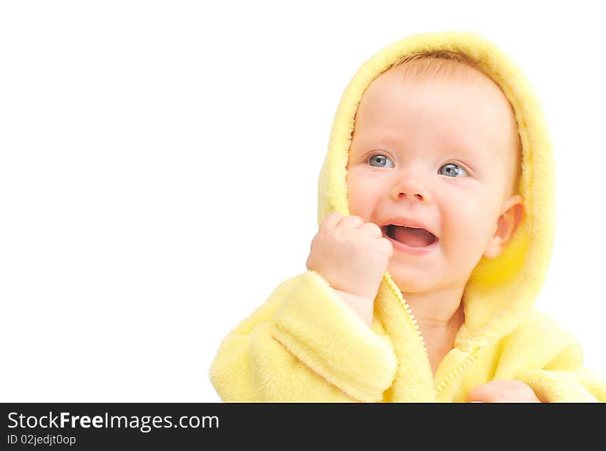 Small child in yellow hood on white background