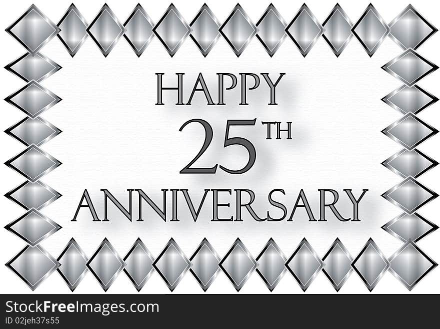 Silver frame illustration in diamond shapes with the message 'Happy 25th Anniversary on an off-white textured background. Silver frame illustration in diamond shapes with the message 'Happy 25th Anniversary on an off-white textured background