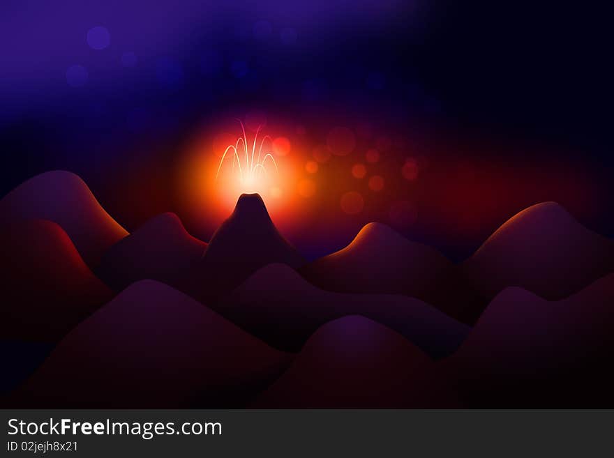 Stylized night landscape illustration with erupting volcano