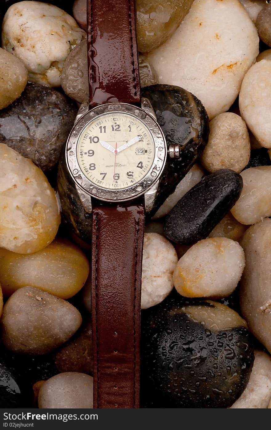 Mens diving wristwatch on wet pebbles