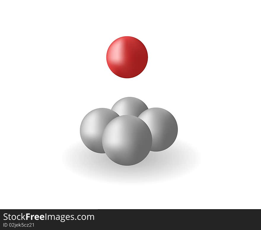 Four grey spheres and one red sphere