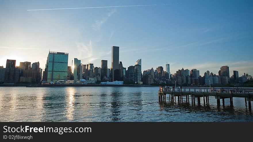 New York skyline with docks at dusk