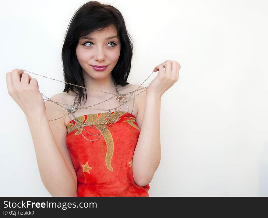 Beautiful Brunette Girl with red dress