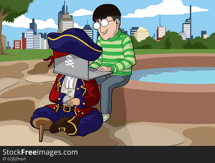 Man doing piracy on a laptop pirate. Man doing piracy on a laptop pirate