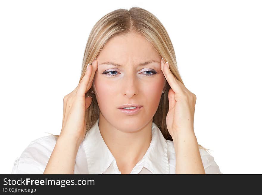 Woman with migraine on white isolated background. Woman with migraine on white isolated background