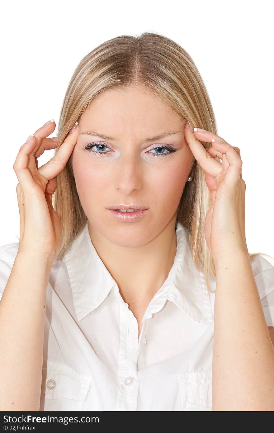 Woman with migraine on white isolated background. Woman with migraine on white isolated background