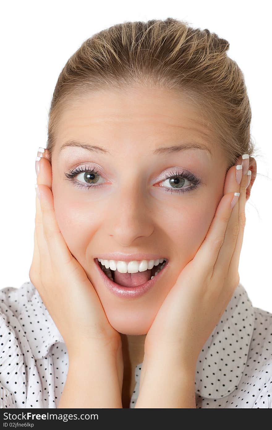 Surprised woman on white isolated background