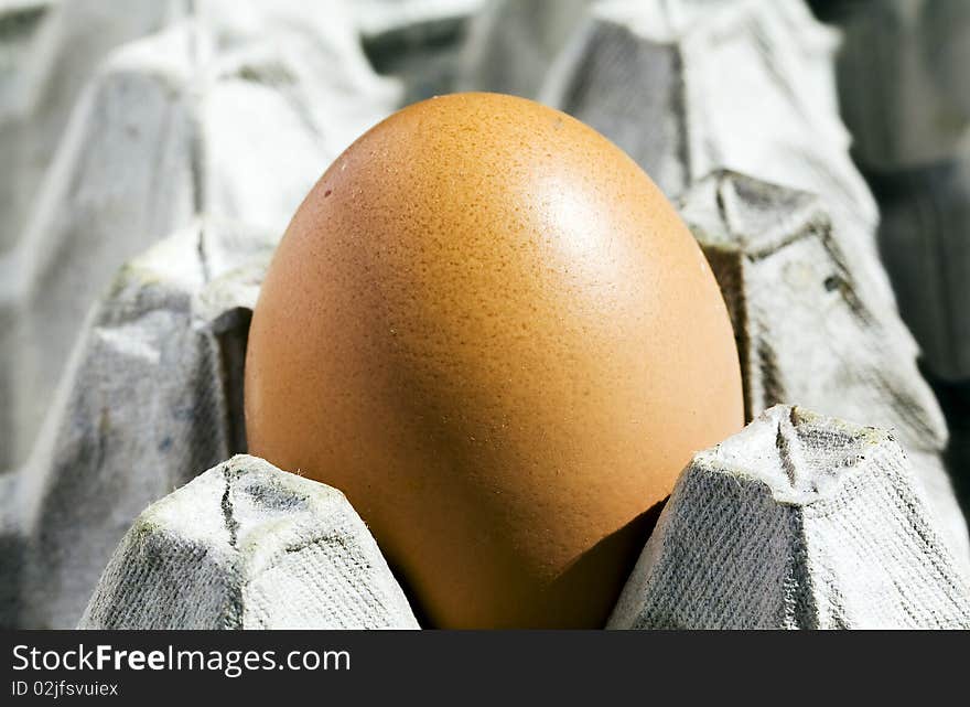 Photo of a yellow chicken egg in a paper tray. Photo of a yellow chicken egg in a paper tray