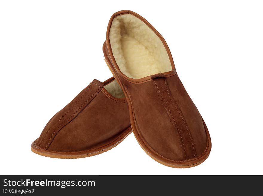 Isolated brown wool comfortable slippers