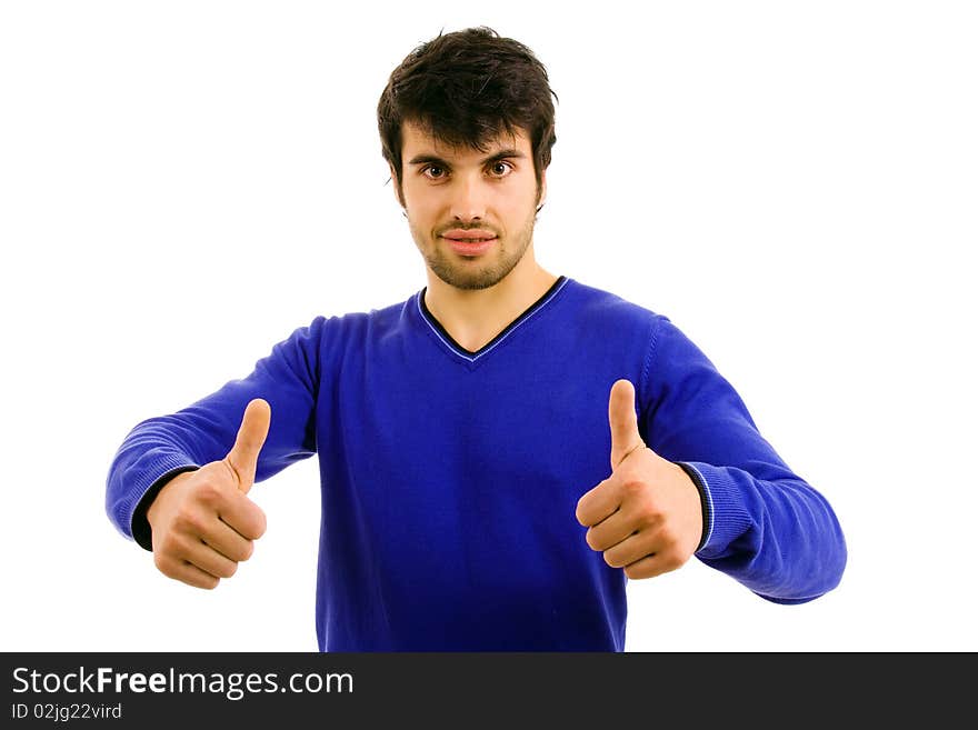 Young casual men tumbs up on white background. Young casual men tumbs up on white background