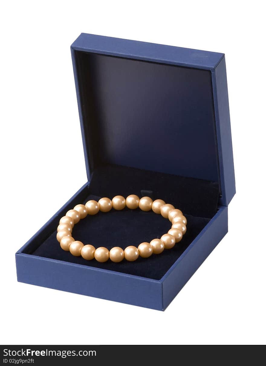 Open box with with pink pearl bracelet, isolated on the white background