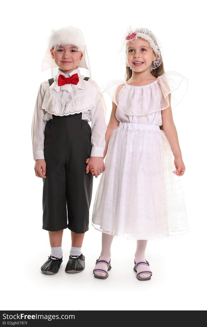 Funny young couple on white. Funny young couple on white