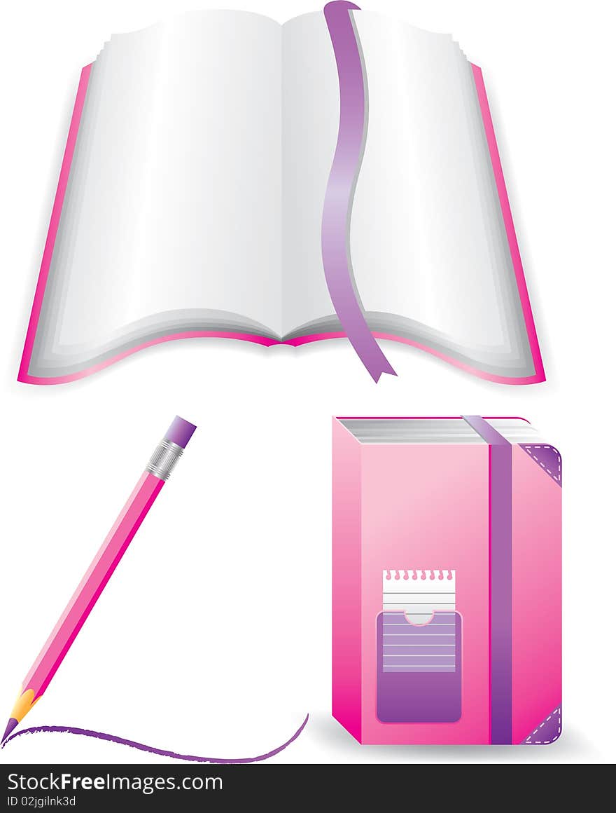 Pink notebook, open book and pencil.  Isolated on a white background. Vector will be additional. Pink notebook, open book and pencil.  Isolated on a white background. Vector will be additional