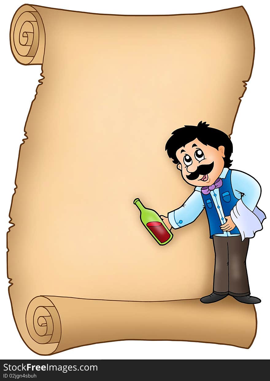 Parchment with waiter serving wine - color illustration.