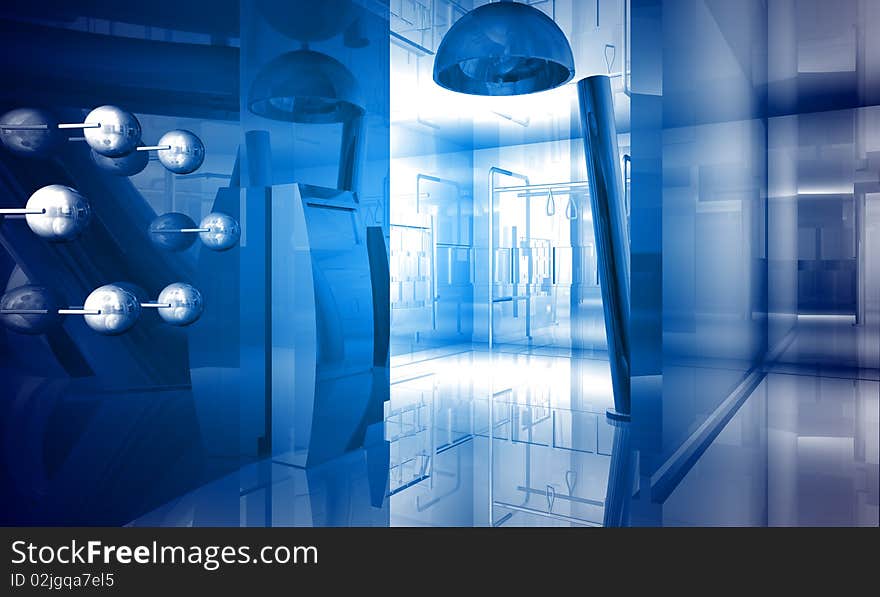 Indoor building. Office space with blue light effects