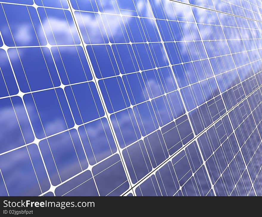 3d illustration of solar panel background, with blue sky reflection