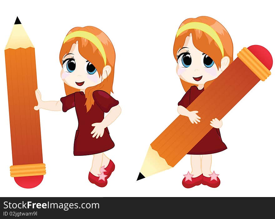 Girl holding big pencil. For the purpose of poster, banner and others. Girl holding big pencil. For the purpose of poster, banner and others