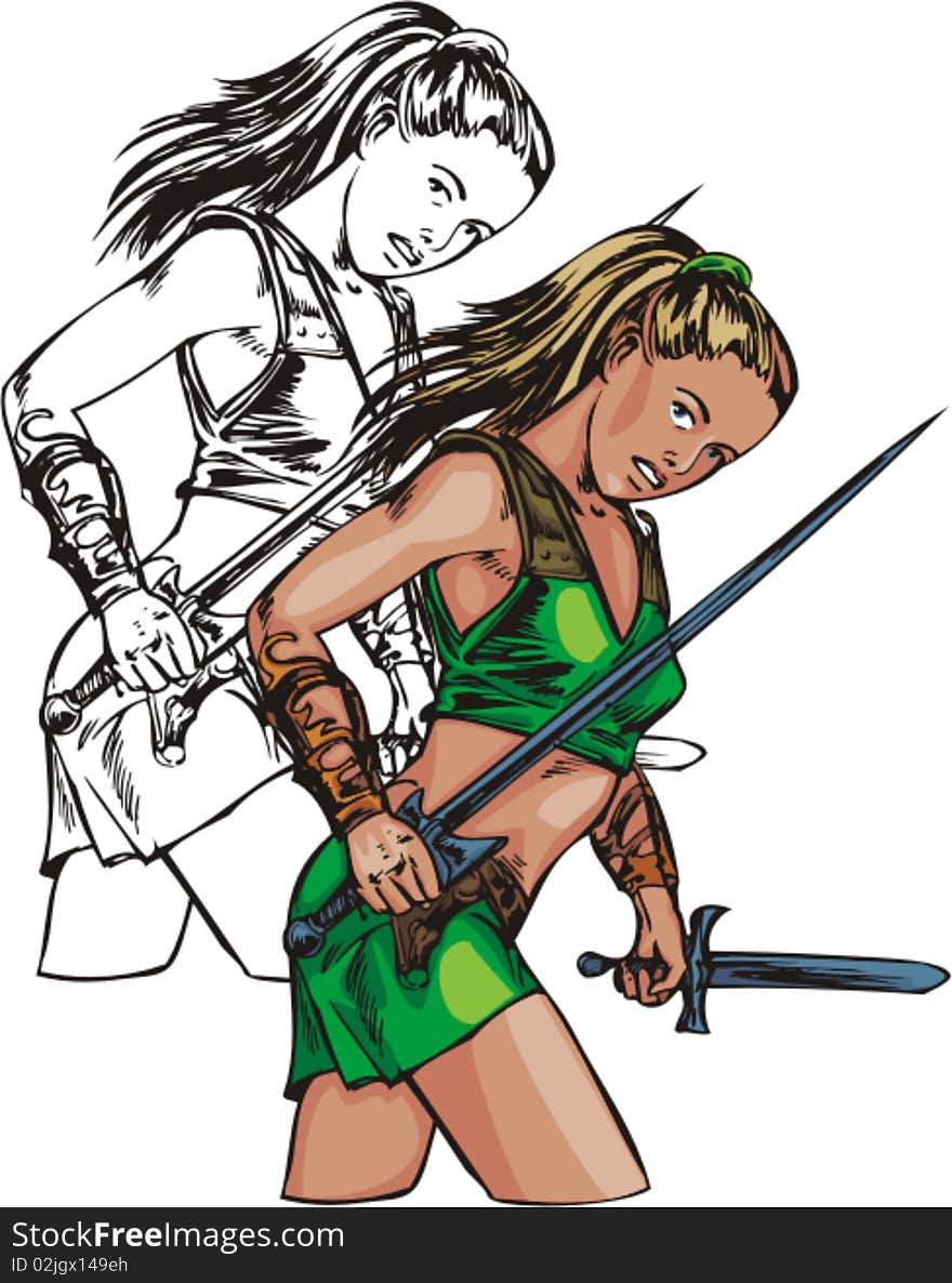 A girl in a tunic, holding a sword in his hand. A girl in a tunic, holding a sword in his hand.