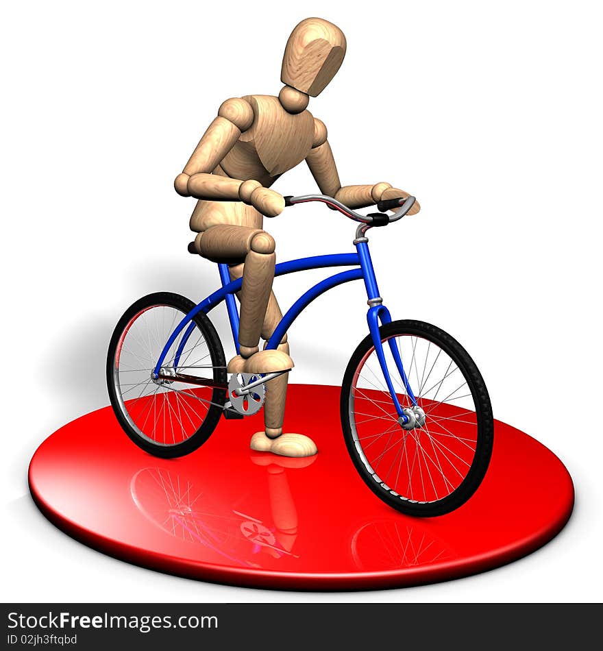 An active businessman is sitting on the bicycle on the red stage. An active businessman is sitting on the bicycle on the red stage