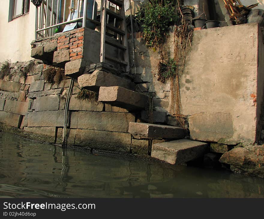 Steps descending to a river in China. Steps descending to a river in China.