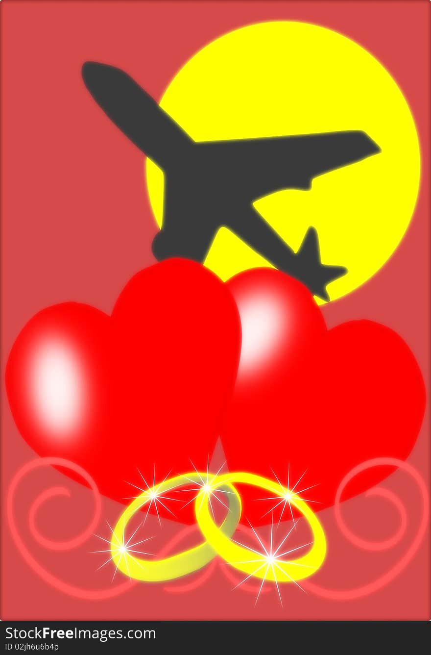 Illustration representing the concept of honeymoon. Sun and air-plain represent the concept of travel, hearts and wedding rings represent the concept of wedding.