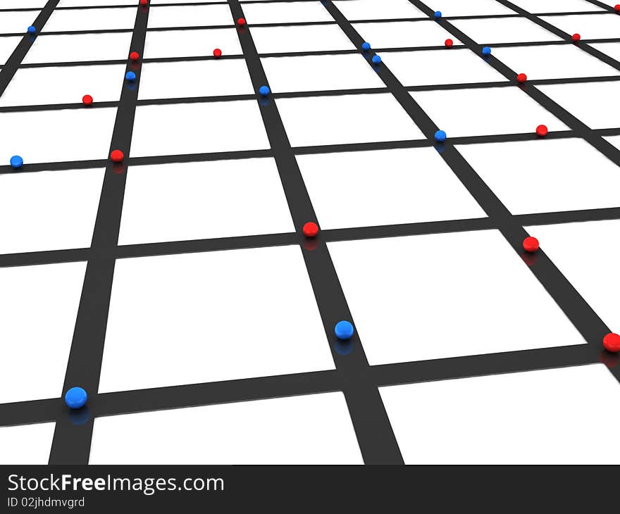 Network. Red and blue spheres on crossroads. High quality 3d render.