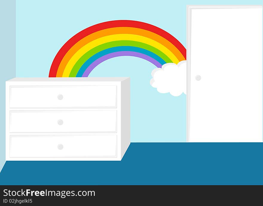 A baby room with a door, cabinet and a rainbow on the wall