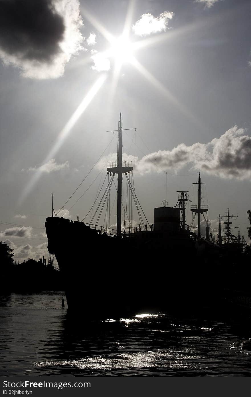 Ship silhouette and sunset