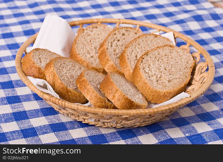 Slaced French bread in the basket. Slaced French bread in the basket