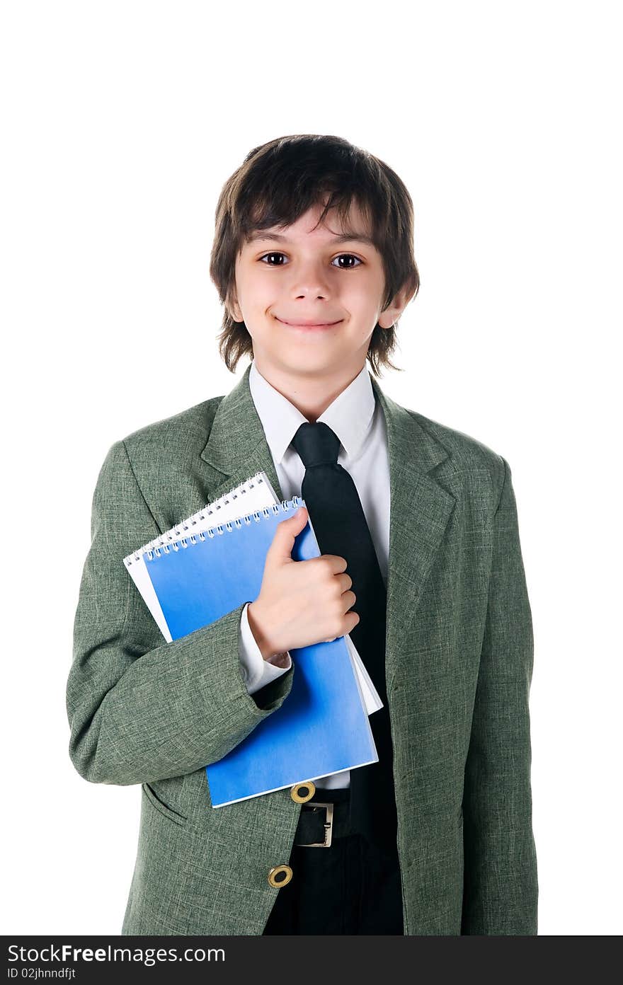 Cute little boy with a notebooks on white background