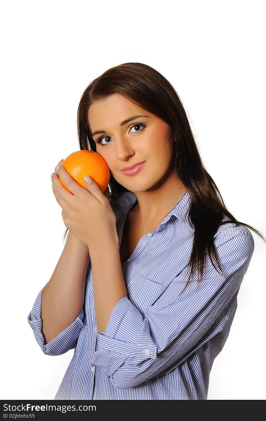 Young beautiful woman with citrus orange fruit having fun. isolated on white background. copyspace