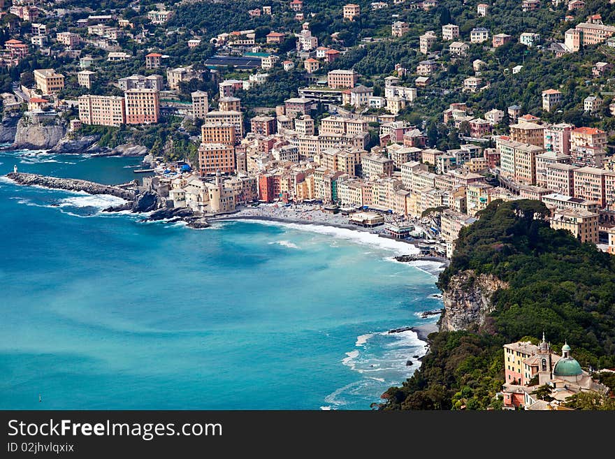 Italian Riviera coast, Camogli from above viewed from the crown of Portofino mount.