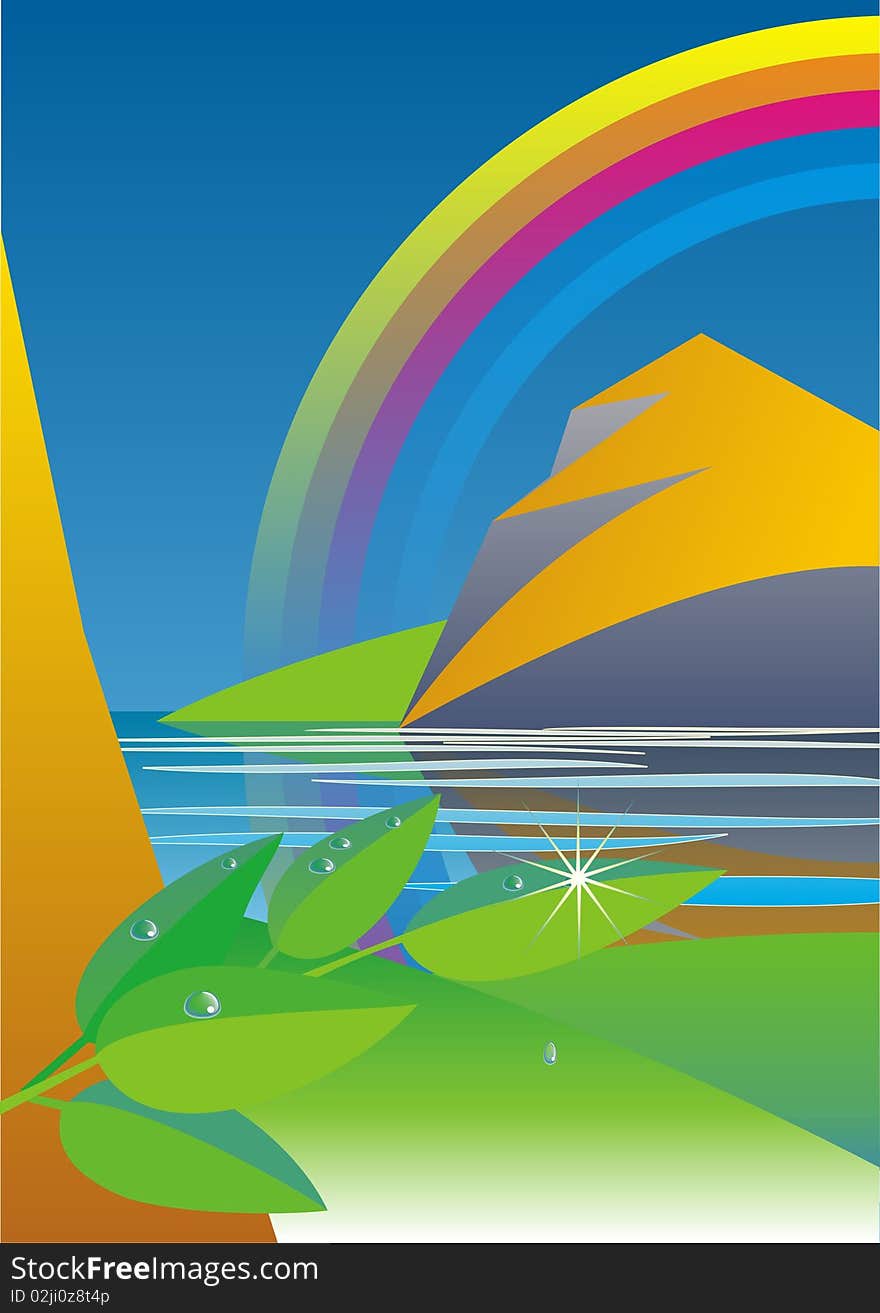 Rainbow after the storm, lake and rock at sunset, decorative composition,