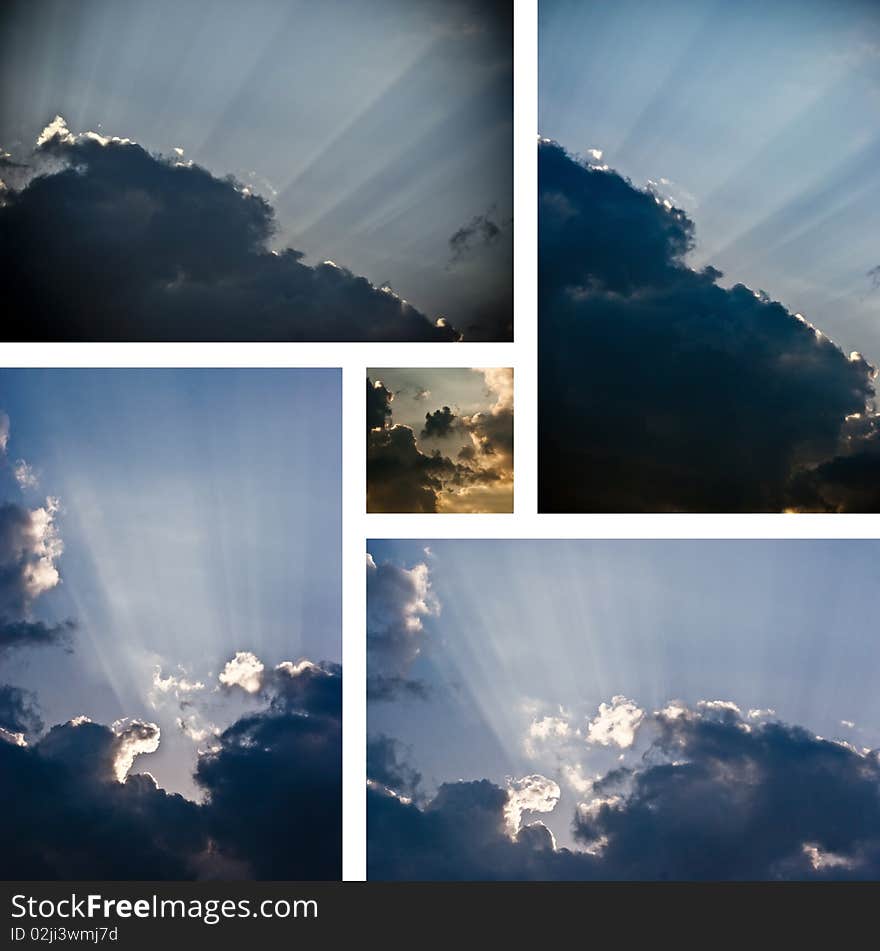 Blue sky and clouds with sun rays collage. Blue sky and clouds with sun rays collage