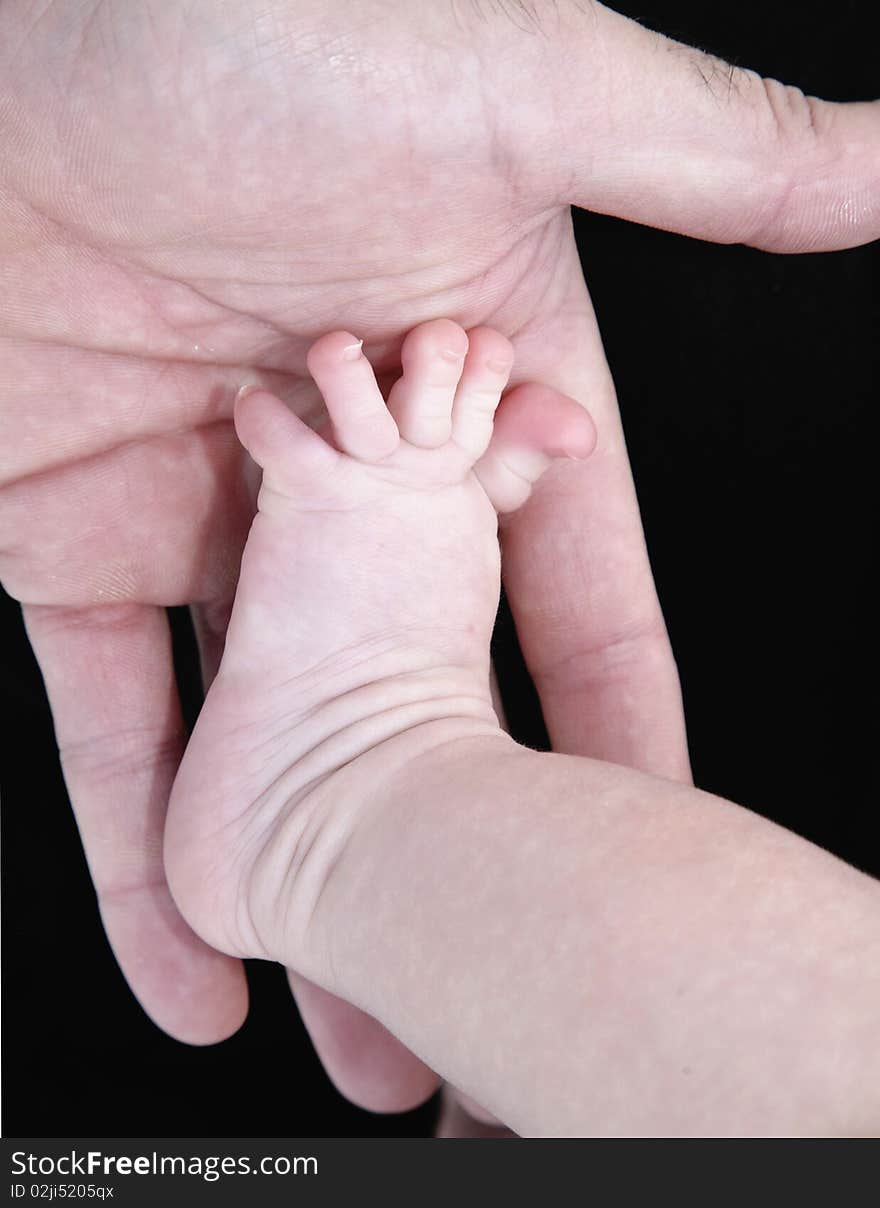 A newborn infant's tiny foot against a male hand. A newborn infant's tiny foot against a male hand.