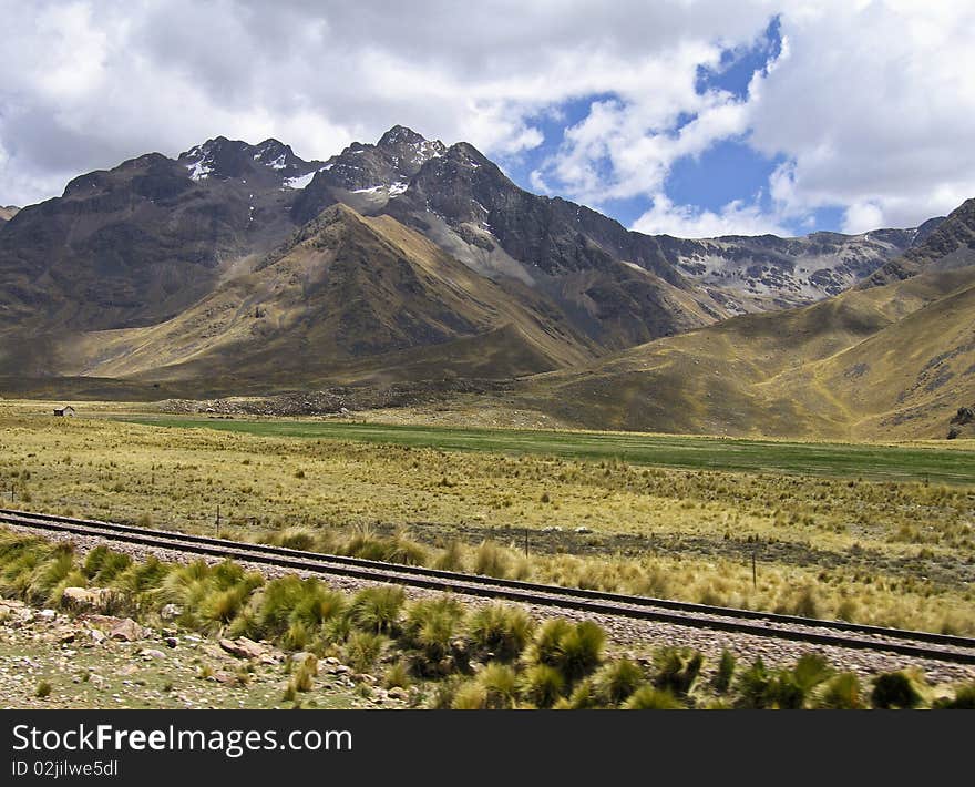 Mountains in southern Peru with RR tracks in foreground