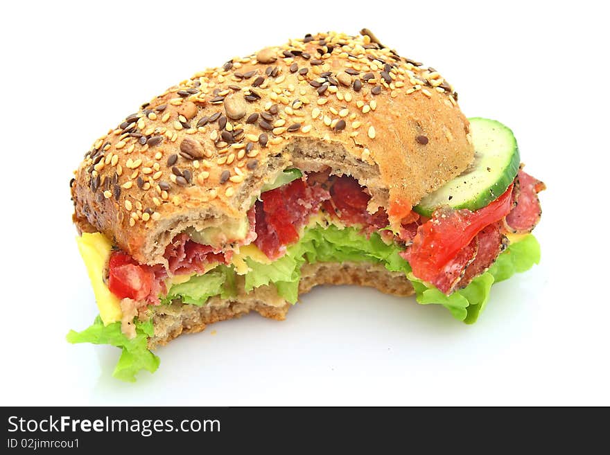 Fresh Sandwich With Salami Cheese And Vegetables