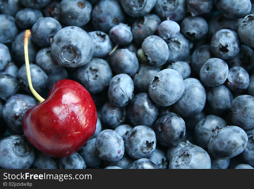 Cherry with stem sitting inside a bunch of blueberries. Cherry with stem sitting inside a bunch of blueberries