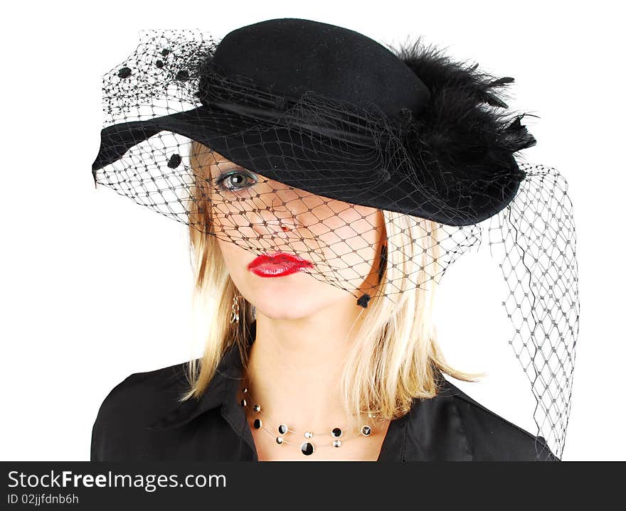 Beautiful blond woman in black old stile hat isolated on the white. Unhappy and sad stressed face. Studio shoot for actress in retro stile. Beautiful blond woman in black old stile hat isolated on the white. Unhappy and sad stressed face. Studio shoot for actress in retro stile.