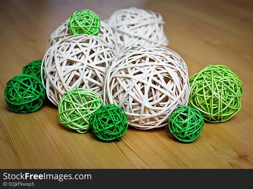 Decorative balls on the wooden floor