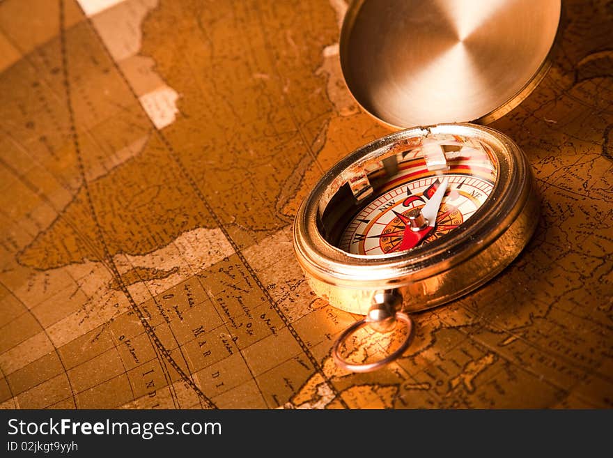 Treasure map, navigation instruments and old gold map background. Treasure map, navigation instruments and old gold map background