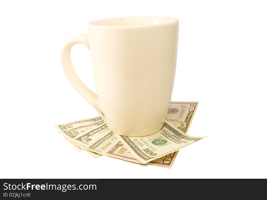 Cup with money isolated on white background