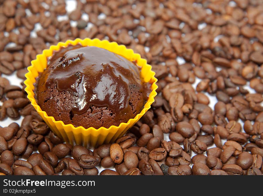 Chocolate Muffin on a coffee beans