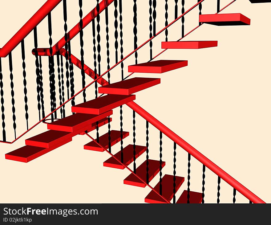 A two-story staircase with red stairs and railings - the object of three-dimensional graphics.