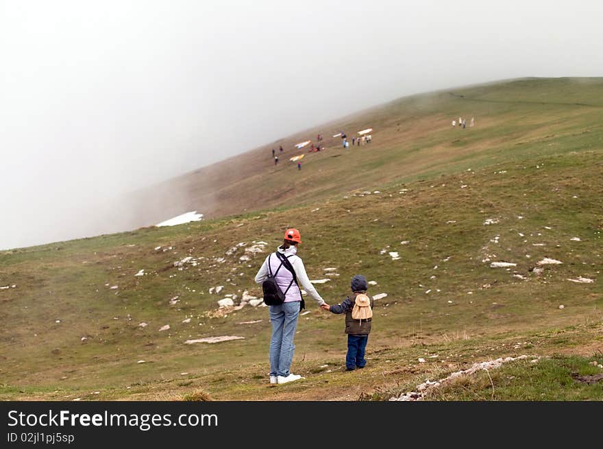 Mother And Child On A Mountain Top.