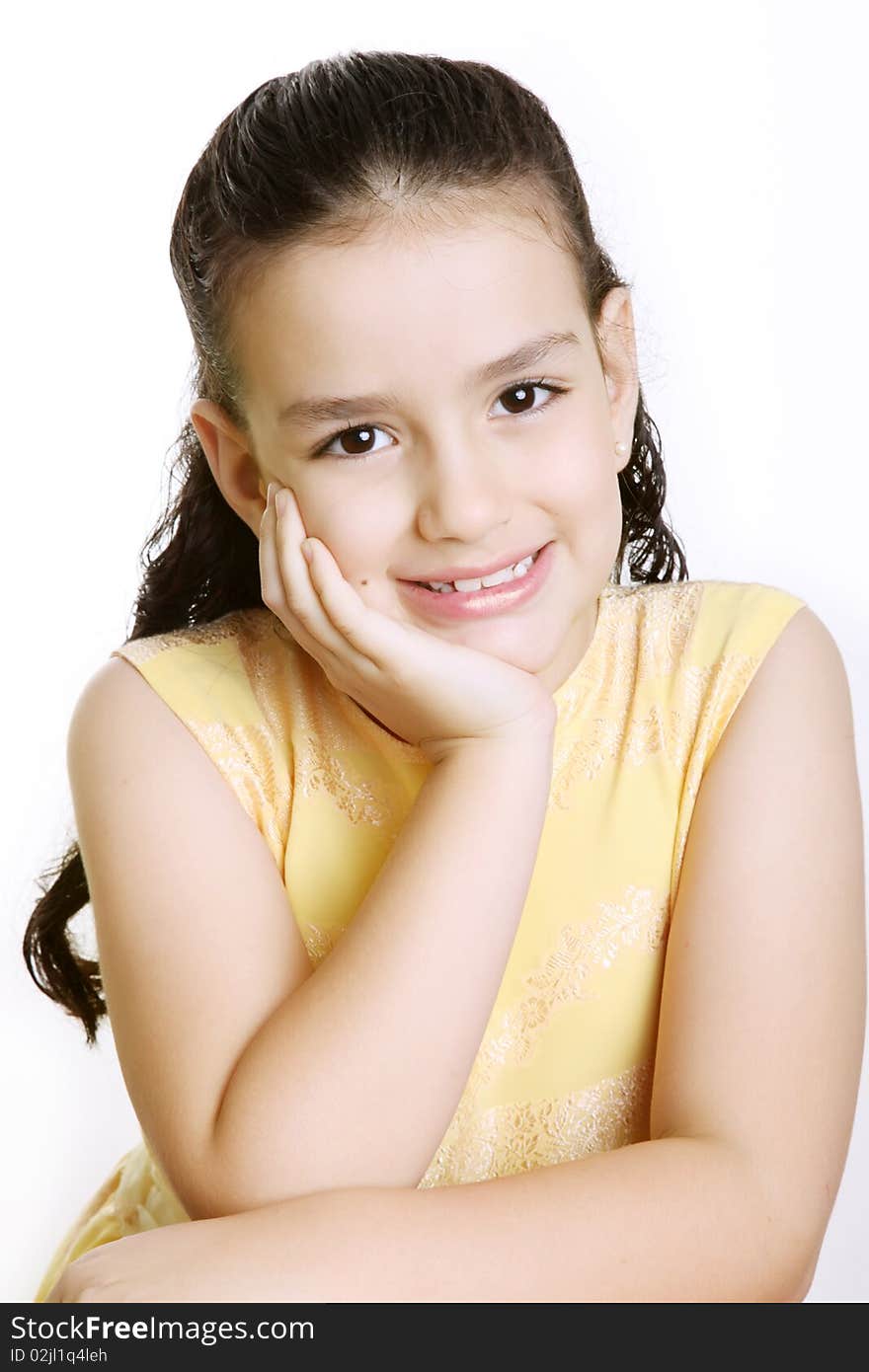 Girl smiling and looking at the camera, Over white background. Girl smiling and looking at the camera, Over white background