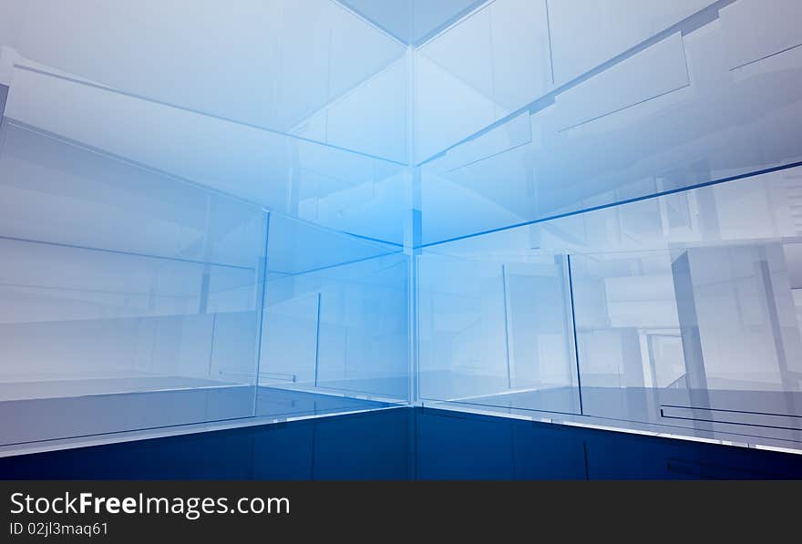 Indoor building. Office space with blue light effects