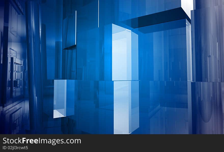 Indoor building. Office space with blue light effects